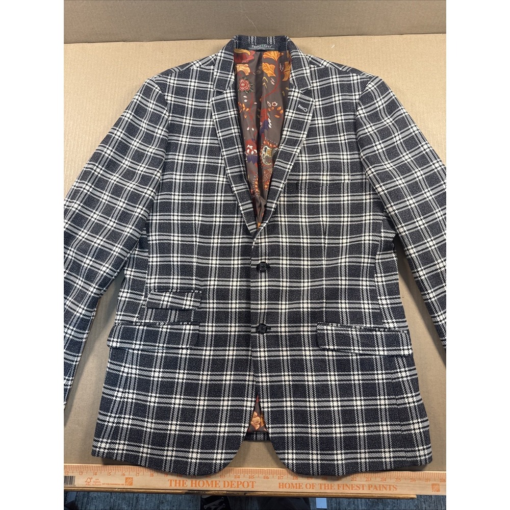 Paisley & Gray Blazer Mens 46L Black White Plaid Slim Fit Sport Coat Jacket - Picture 2 of 9